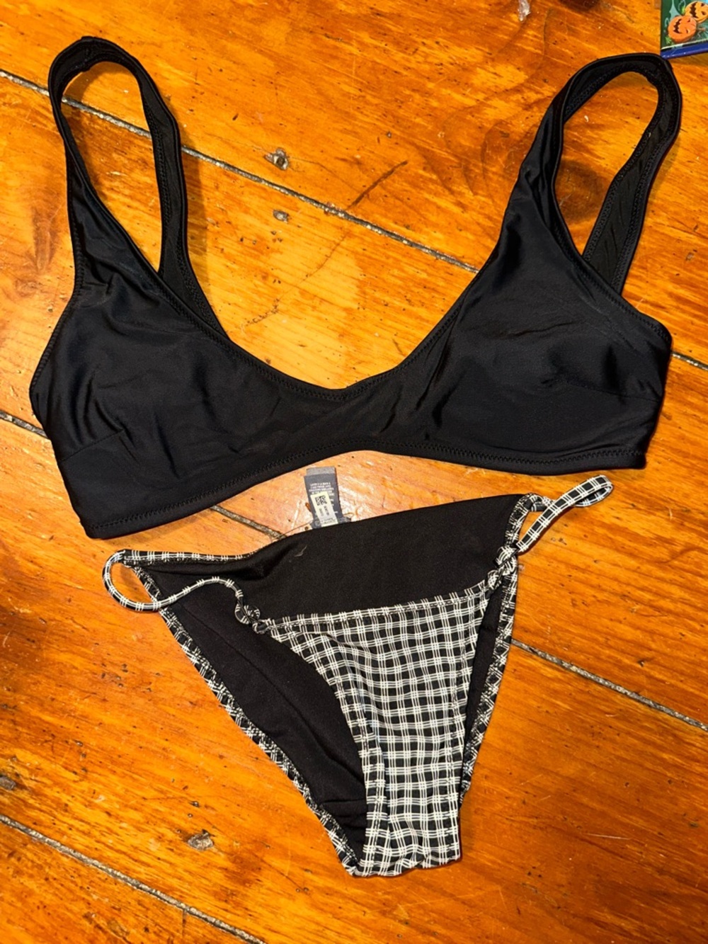 aerie Black Bikini Set with Black & White Plaid Trim